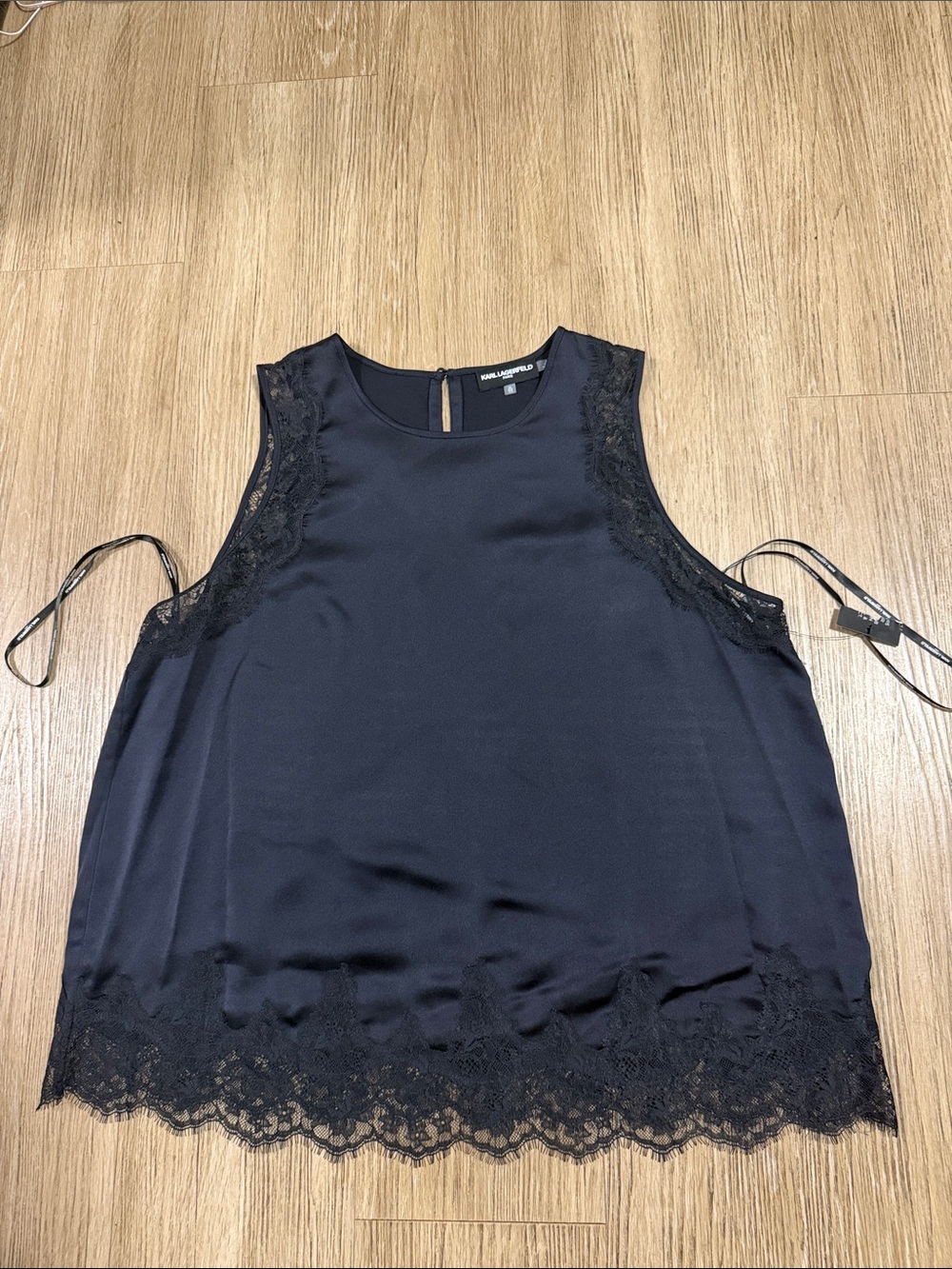 New Karl Lagerfeld Sleeveless Lace-Trim Tank Top - Black XL